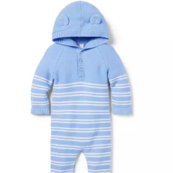 JANIE AND JACK BABY STRIPED BEAR EAR HOODED ONE-PIECE - Picture 1 of 4